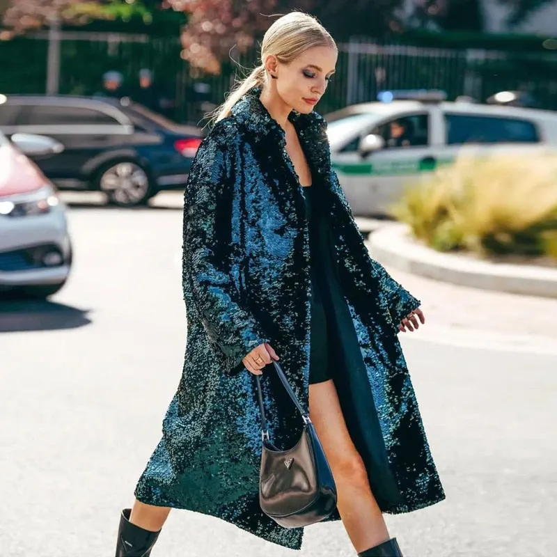 New Design Sequin Loose Straight Coat Autumn Winter Rear Slit Windbreaker Coat Women Fashion Week Overcoat