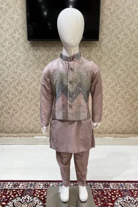 Onion Pink Sequins and Multicolor Thread work Waist Coat Kurta Set for Boys