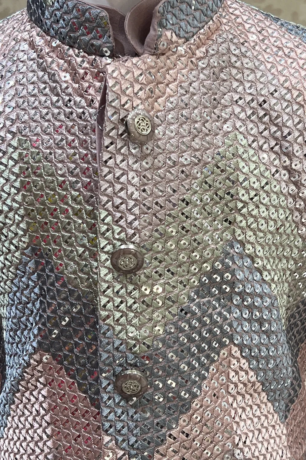 Onion Pink Sequins and Multicolor Thread work Waist Coat Kurta Set for Boys