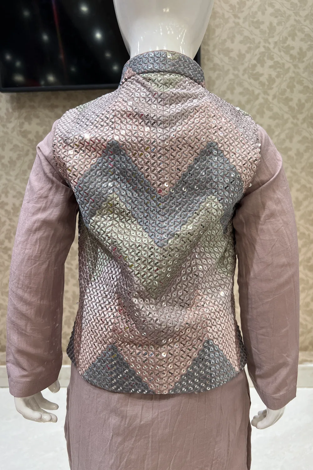 Onion Pink Sequins and Multicolor Thread work Waist Coat Kurta Set for Boys