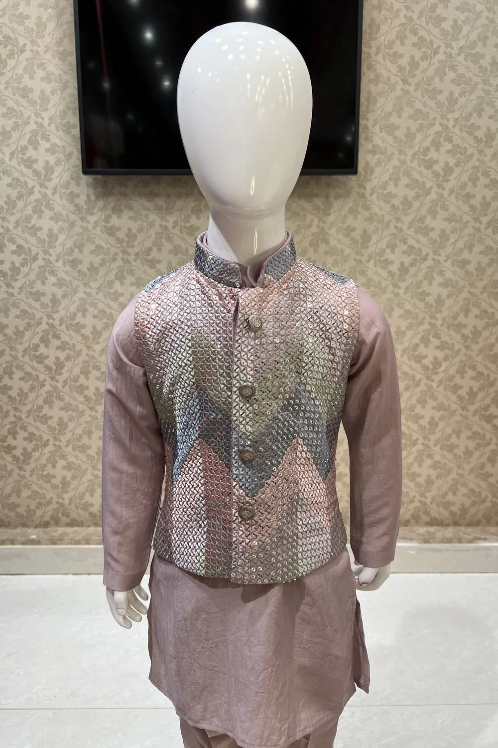 Onion Pink Sequins and Multicolor Thread work Waist Coat Kurta Set for Boys