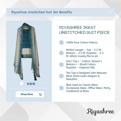 Riyashree Cotton Ikat Unstitched Suit Set for Women with Dupatta | Ikkat Salwar Suit Dress Material for Women | Primum Quality Fabric | Top - 2.5 M, Bottom - 2.5 M, Dupatta - 2.5 M | RSSUB 015