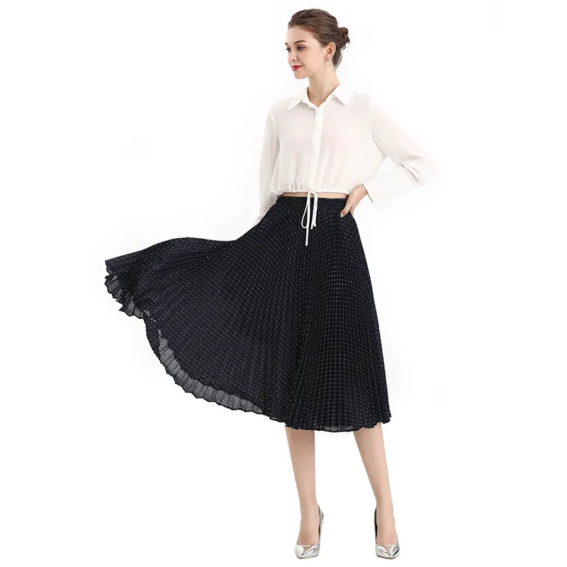 S076-1 Women polka dot print pleated midi casual skirt