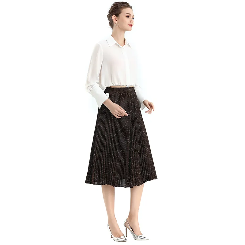 S076-1 Women polka dot print pleated midi casual skirt