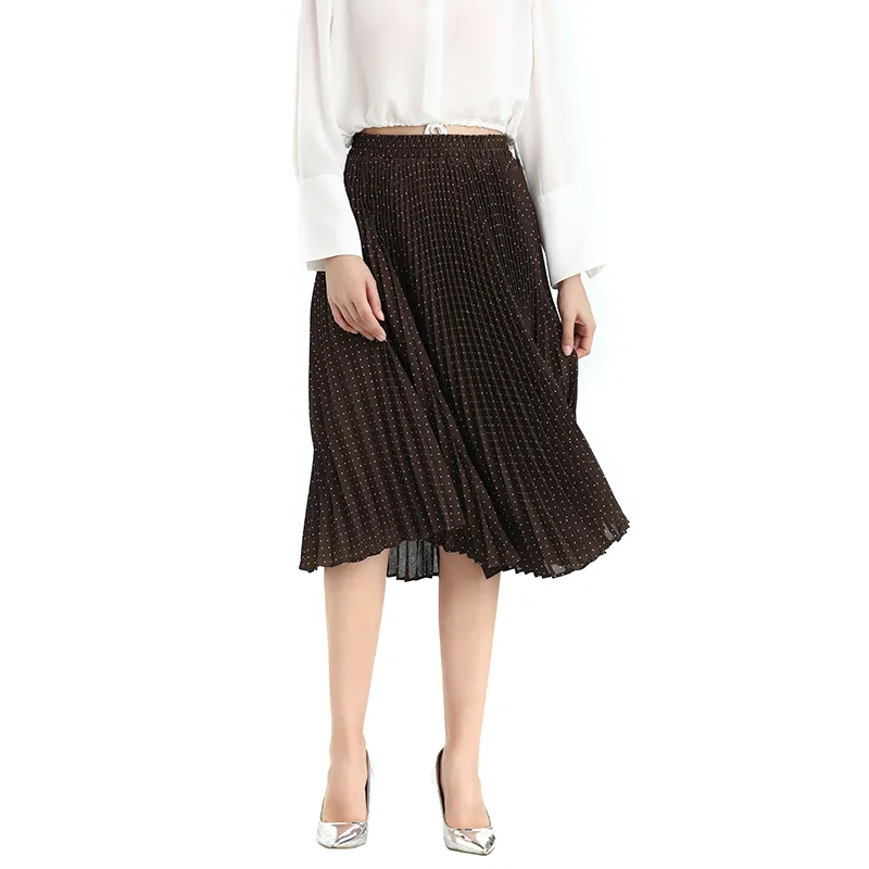 S076-1 Women polka dot print pleated midi casual skirt