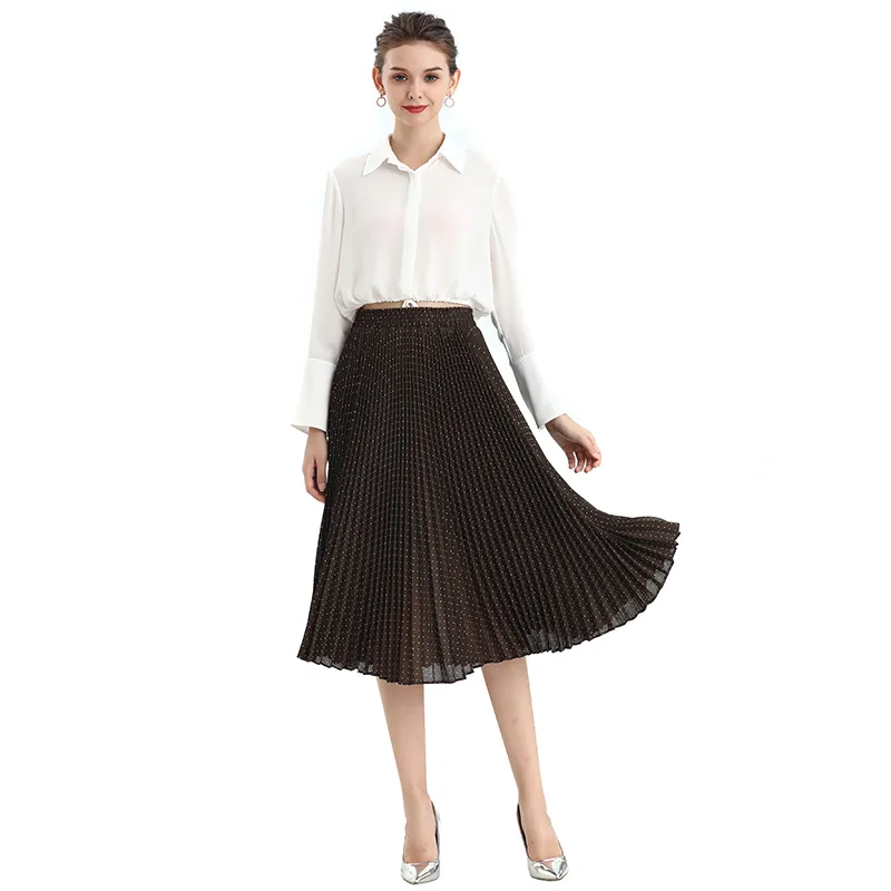 S076-1 Women polka dot print pleated midi casual skirt