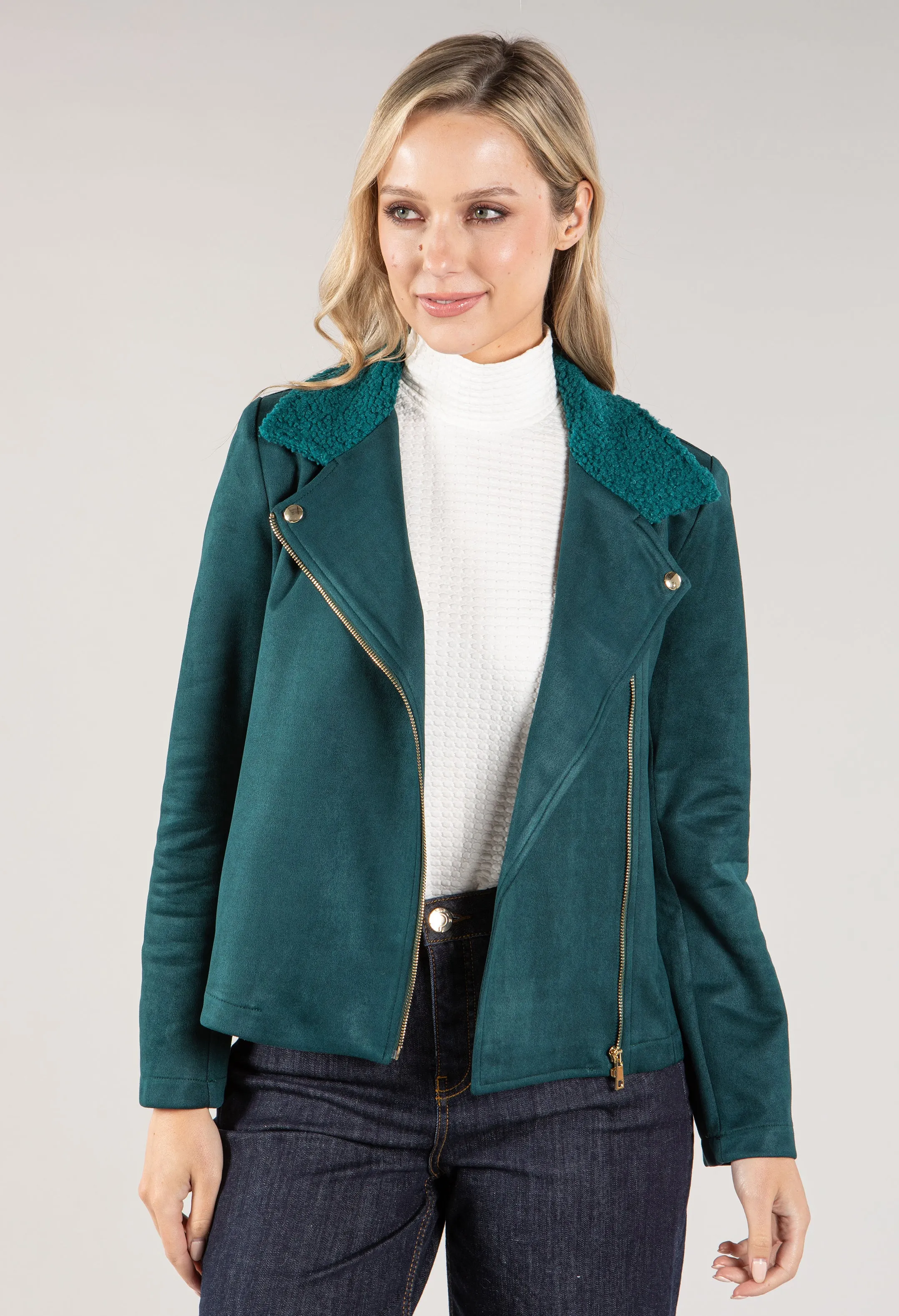 Suedette Sherpa Collar Biker Jacket