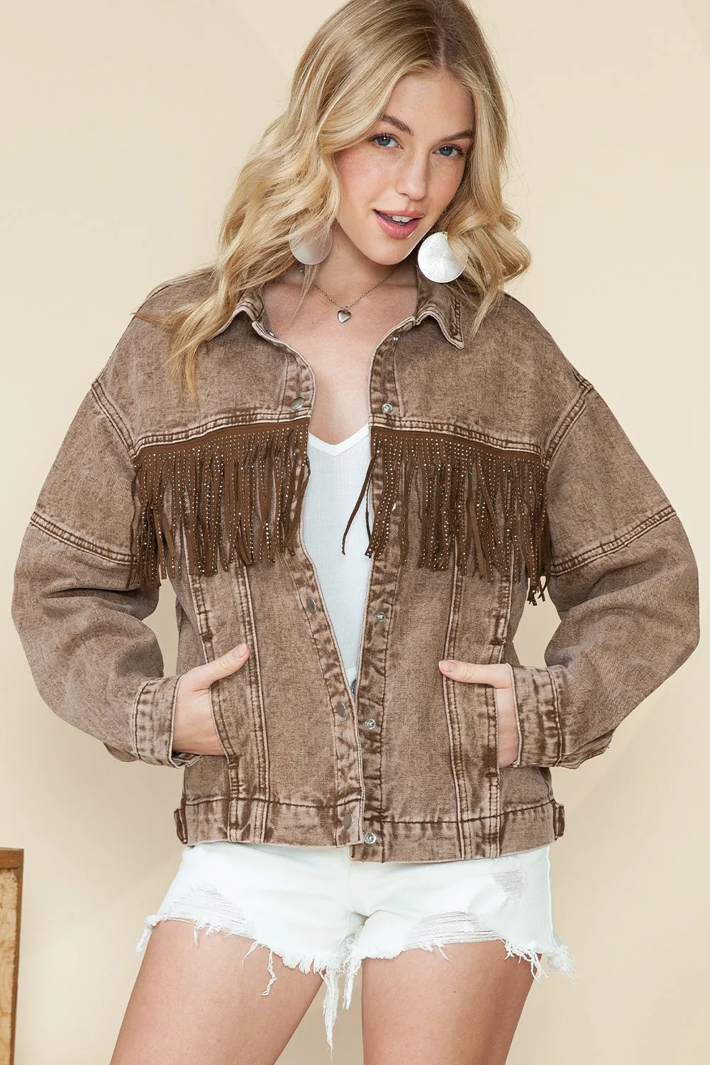 Wholesale Brown Rhinestone Fringe Vintage Denim Jacket