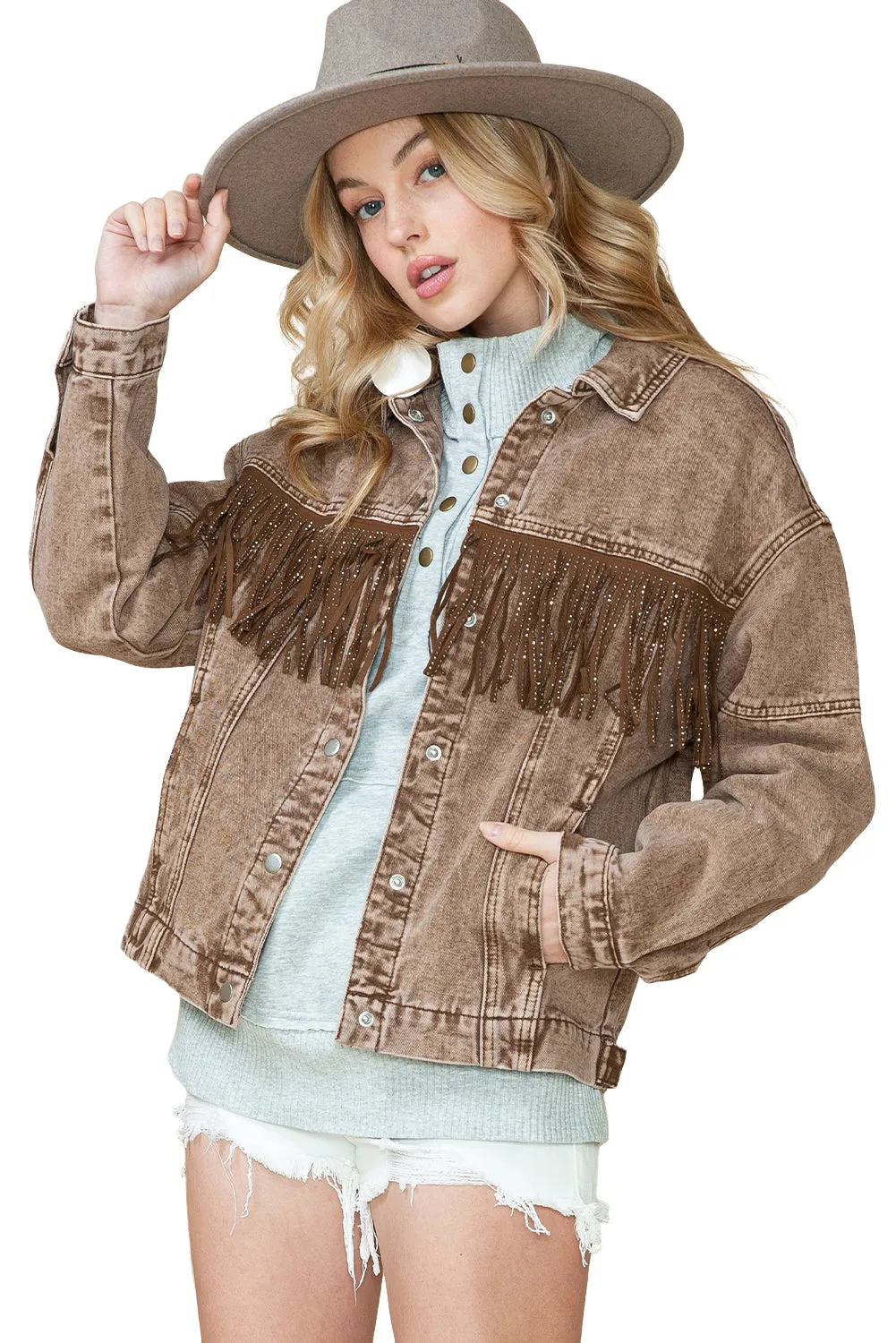 Wholesale Brown Rhinestone Fringe Vintage Denim Jacket