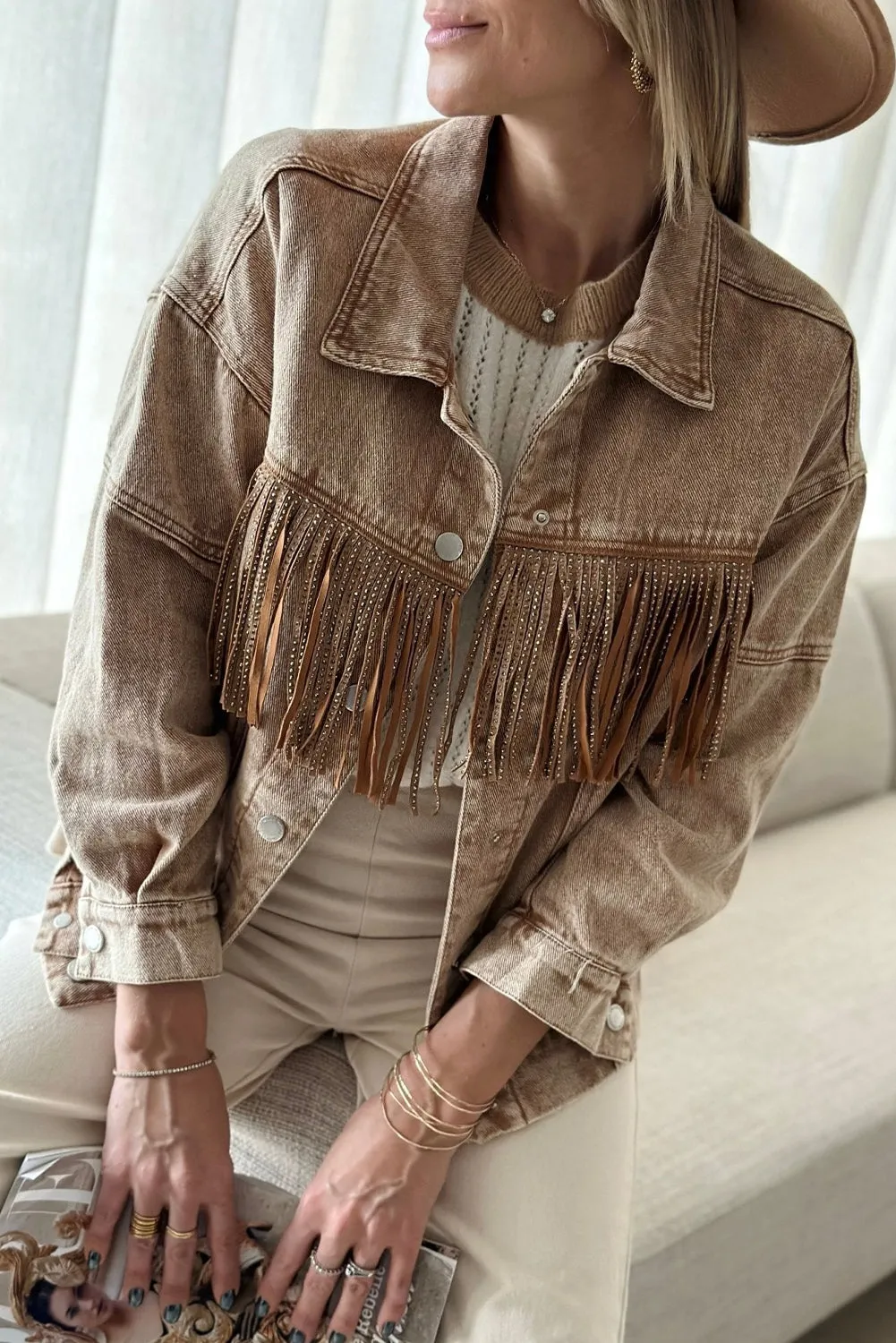 Wholesale Brown Rhinestone Fringe Vintage Denim Jacket