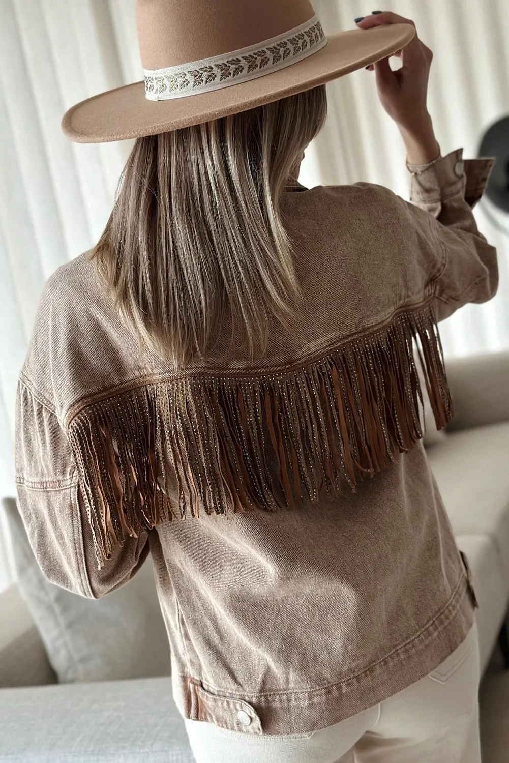 Wholesale Brown Rhinestone Fringe Vintage Denim Jacket