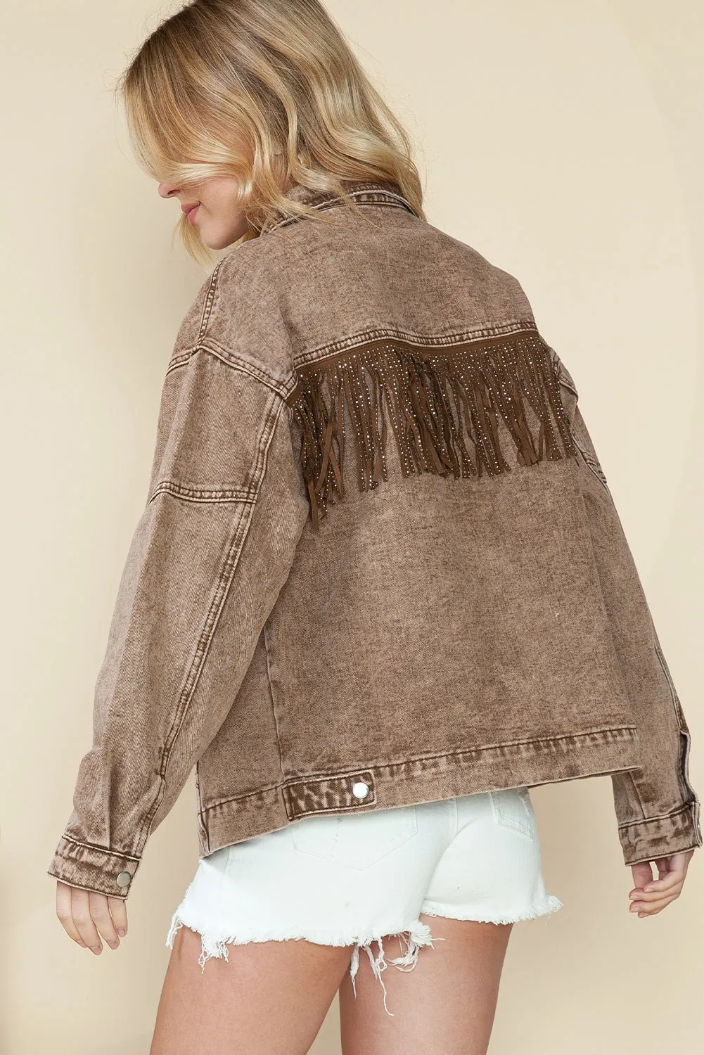 Wholesale Brown Rhinestone Fringe Vintage Denim Jacket