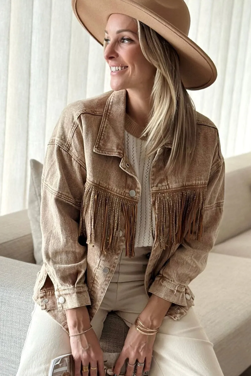 Wholesale Brown Rhinestone Fringe Vintage Denim Jacket