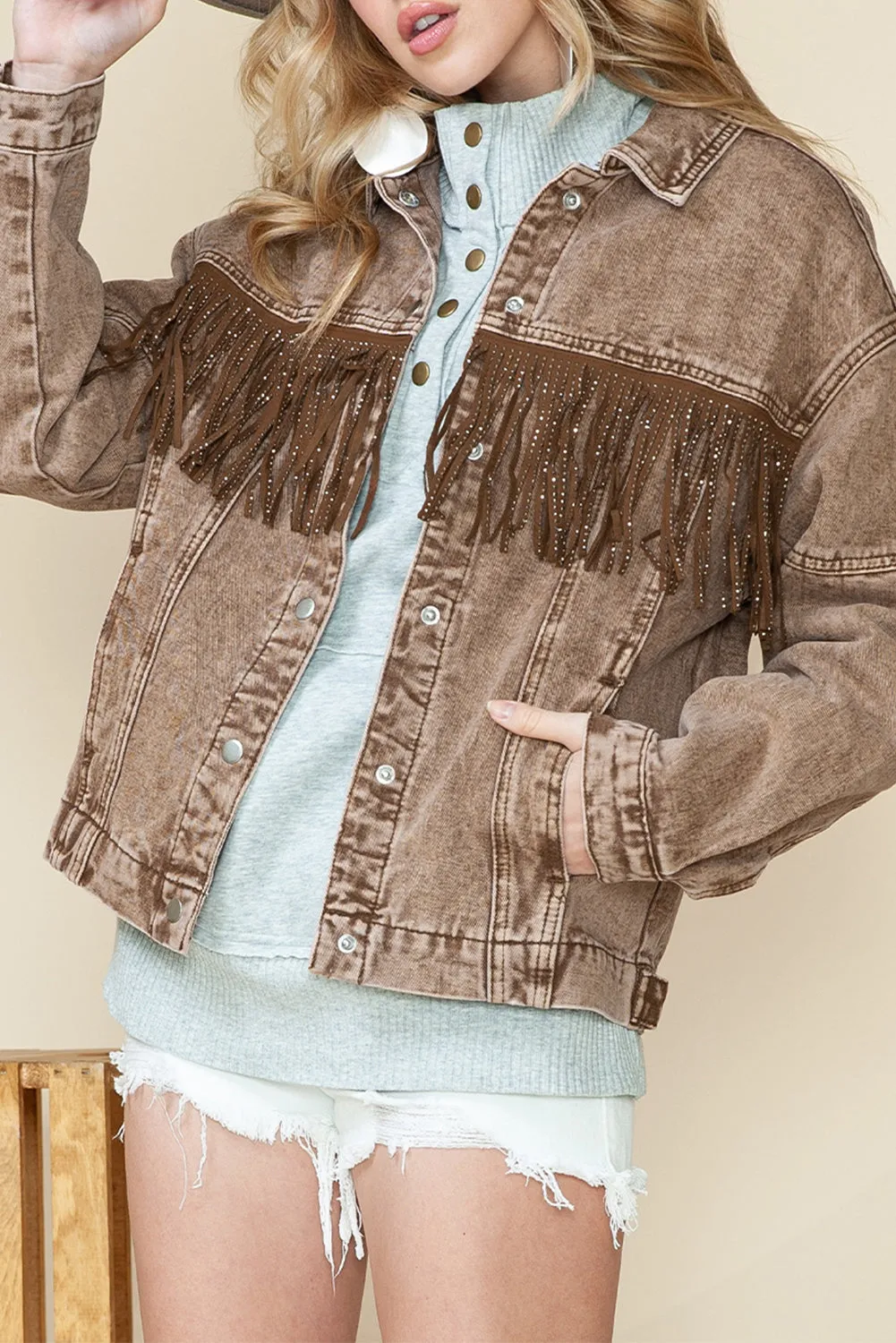 Wholesale Brown Rhinestone Fringe Vintage Denim Jacket
