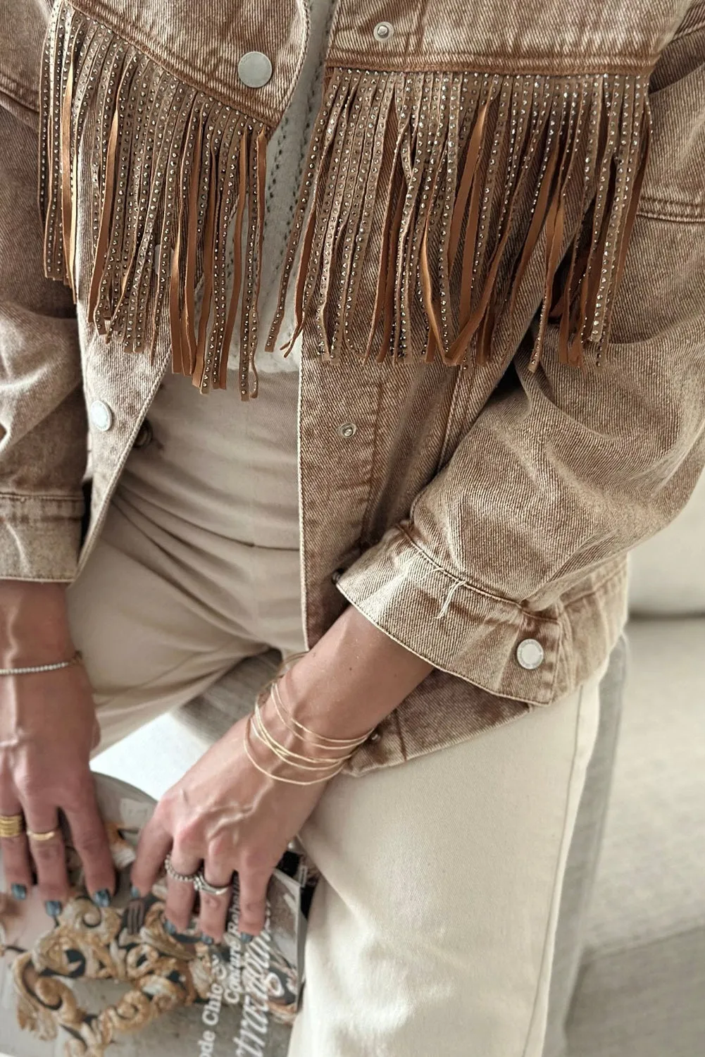 Wholesale Brown Rhinestone Fringe Vintage Denim Jacket
