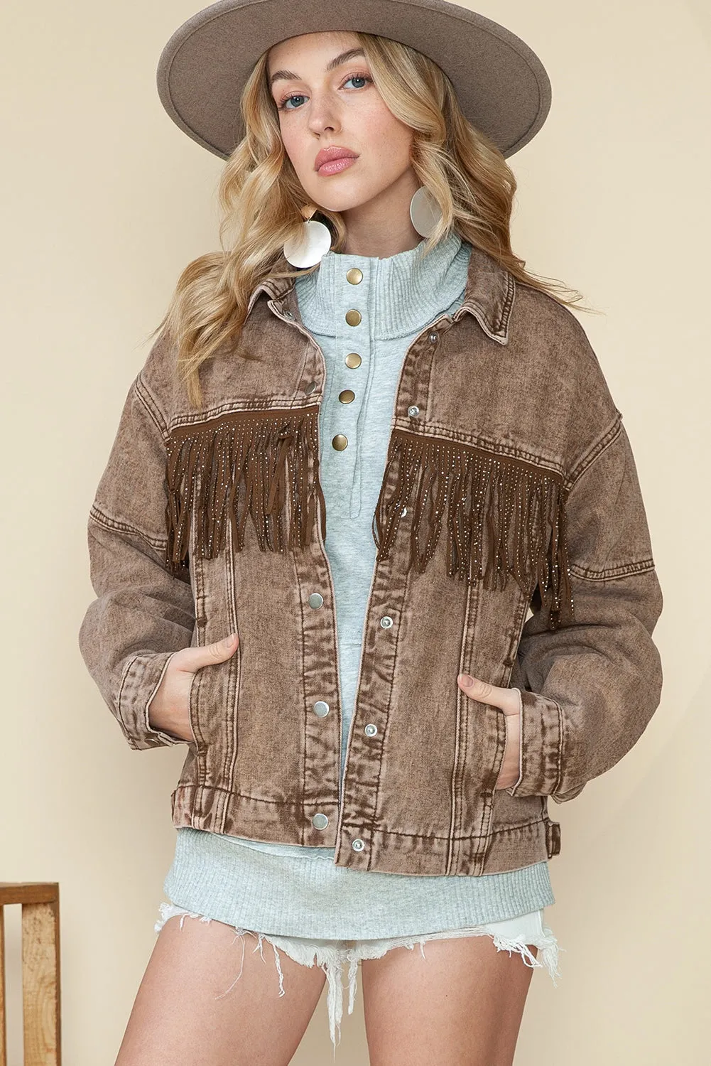 Wholesale Brown Rhinestone Fringe Vintage Denim Jacket
