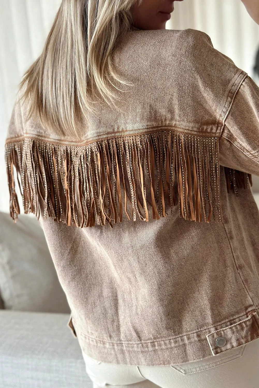 Wholesale Brown Rhinestone Fringe Vintage Denim Jacket