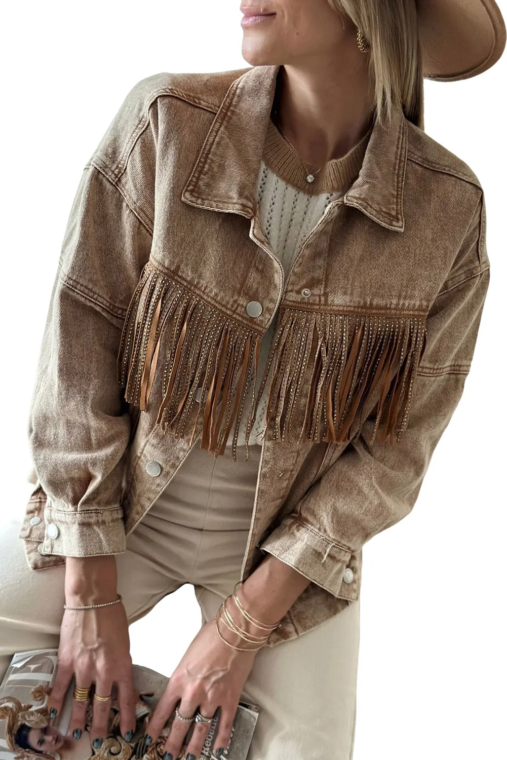 Wholesale Brown Rhinestone Fringe Vintage Denim Jacket