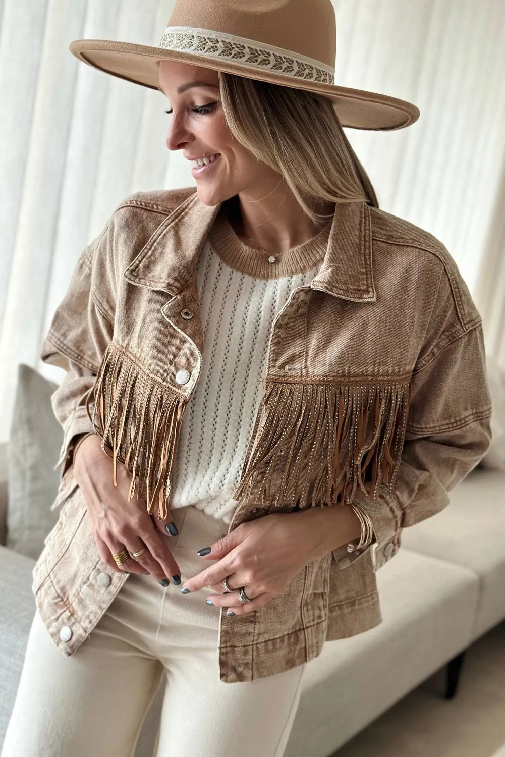 Wholesale Brown Rhinestone Fringe Vintage Denim Jacket