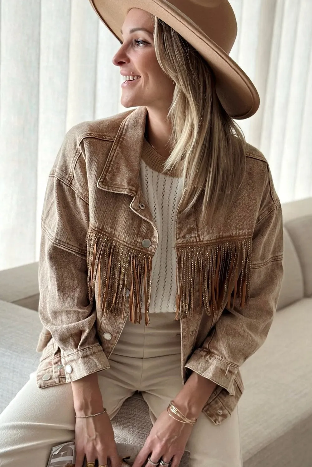 Wholesale Brown Rhinestone Fringe Vintage Denim Jacket