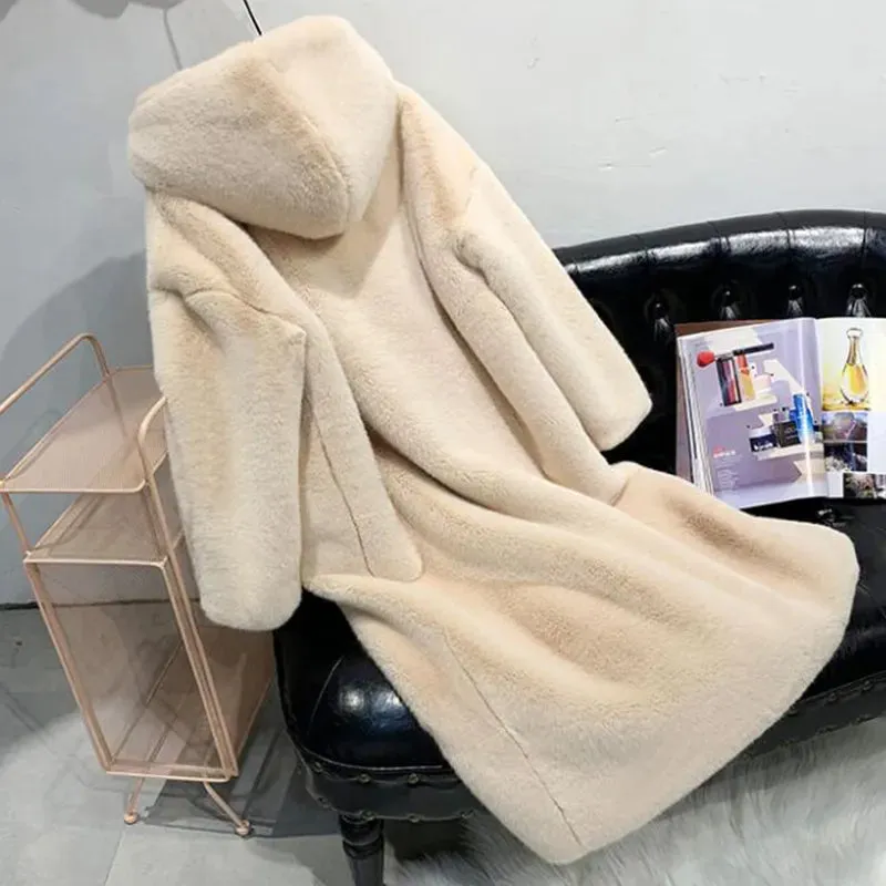 Women's Faux Rabbit Fur Coat, Luxury Long Fur Coat, Hooded OverCoat, Thick & Warm - Plus Sizes