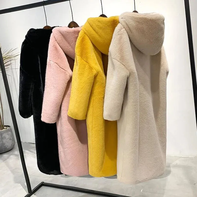 Women's Faux Rabbit Fur Coat, Luxury Long Fur Coat, Hooded OverCoat, Thick & Warm - Plus Sizes