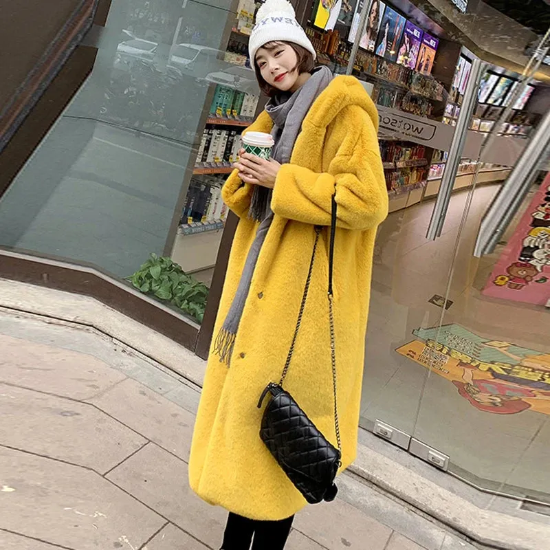 Women's Faux Rabbit Fur Coat, Luxury Long Fur Coat, Hooded OverCoat, Thick & Warm - Plus Sizes