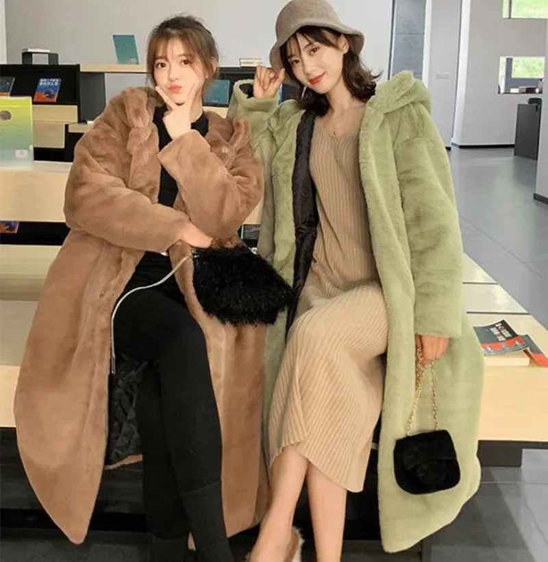 Women's Faux Rabbit Fur Coat, Luxury Long Fur Coat, Hooded OverCoat, Thick & Warm - Plus Sizes