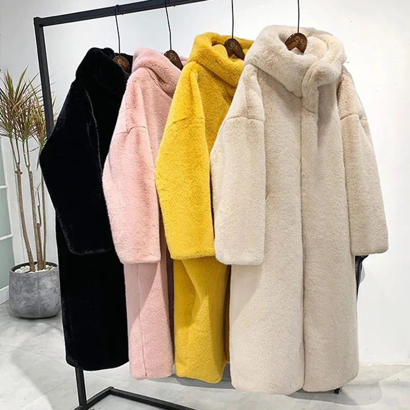 Women's Faux Rabbit Fur Coat, Luxury Long Fur Coat, Hooded OverCoat, Thick & Warm - Plus Sizes
