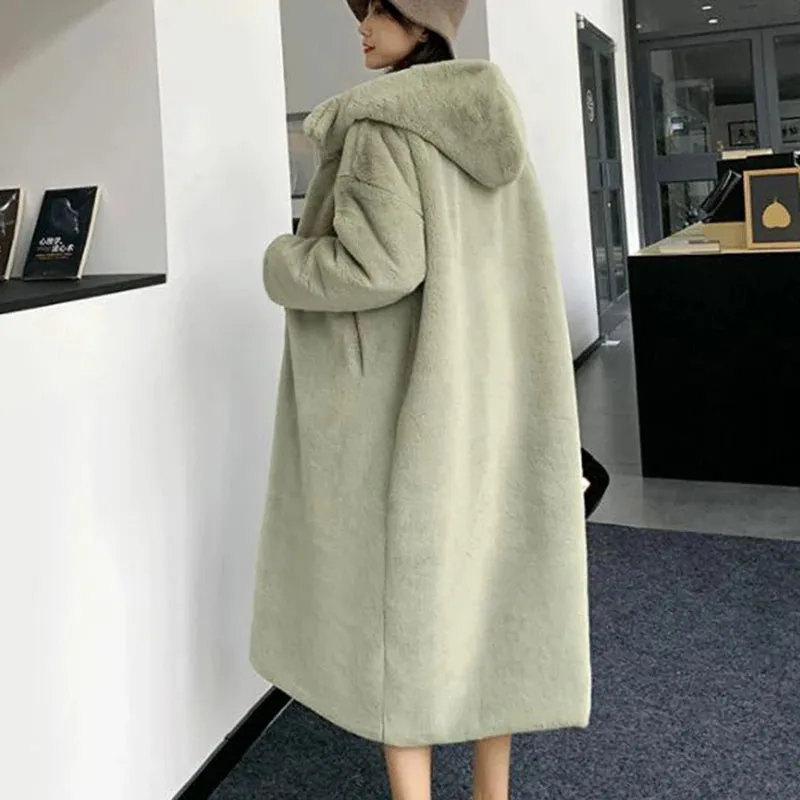 Women's Faux Rabbit Fur Coat, Luxury Long Fur Coat, Hooded OverCoat, Thick & Warm - Plus Sizes