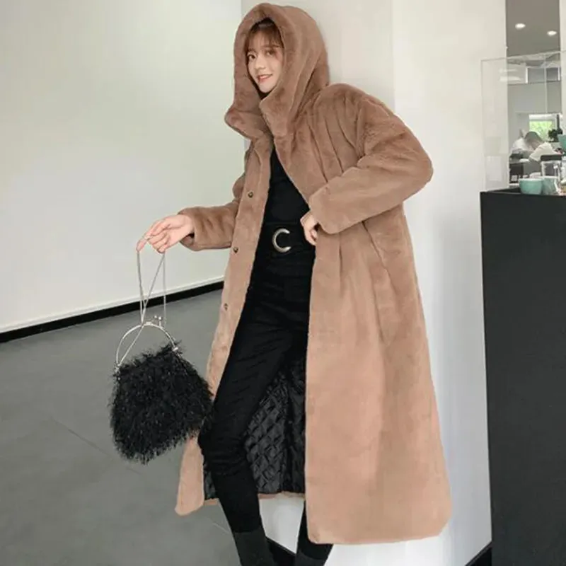 Women's Faux Rabbit Fur Coat, Luxury Long Fur Coat, Hooded OverCoat, Thick & Warm - Plus Sizes