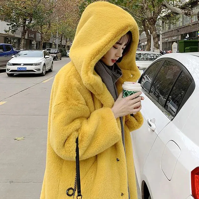 Women's Faux Rabbit Fur Coat, Luxury Long Fur Coat, Hooded OverCoat, Thick & Warm - Plus Sizes