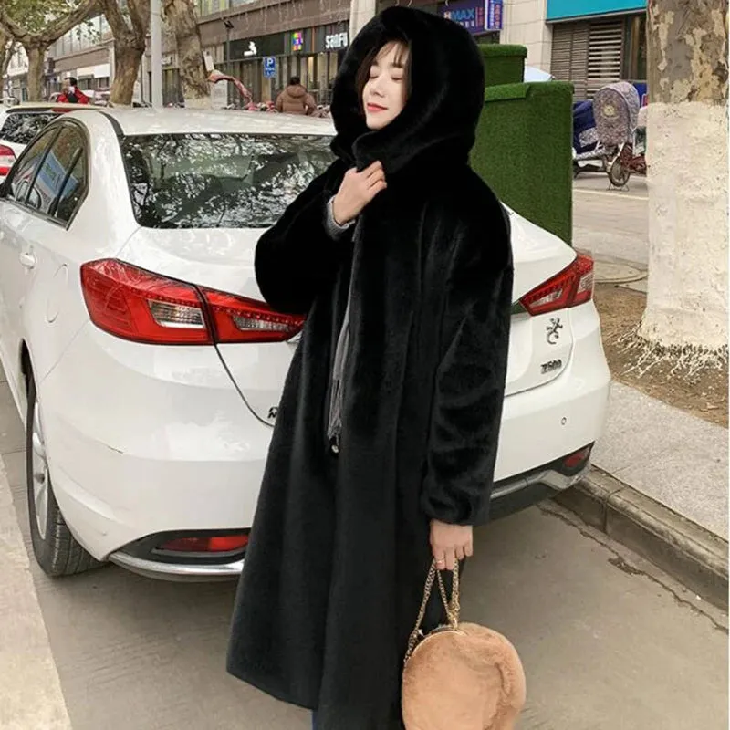 Women's Faux Rabbit Fur Coat, Luxury Long Fur Coat, Hooded OverCoat, Thick & Warm - Plus Sizes