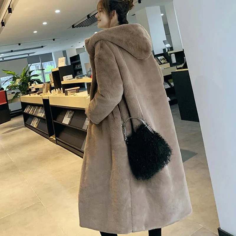 Women's Faux Rabbit Fur Coat, Luxury Long Fur Coat, Hooded OverCoat, Thick & Warm - Plus Sizes
