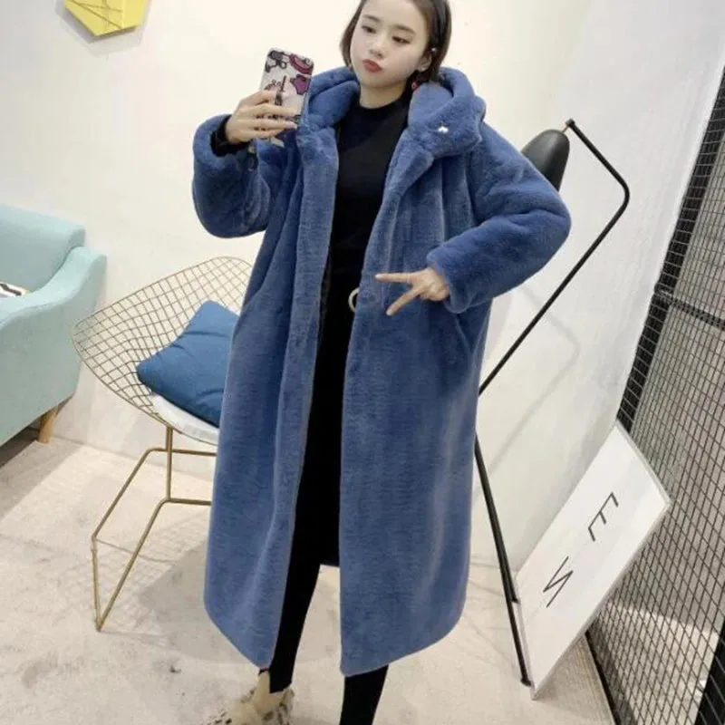 Women's Faux Rabbit Fur Coat, Luxury Long Fur Coat, Hooded OverCoat, Thick & Warm - Plus Sizes