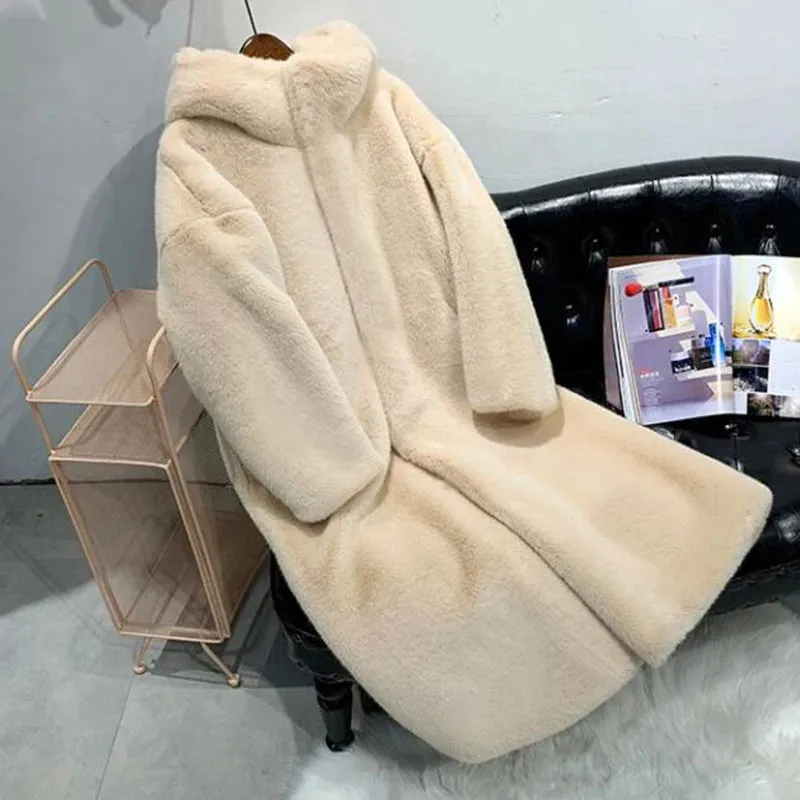 Women's Faux Rabbit Fur Coat, Luxury Long Fur Coat, Hooded OverCoat, Thick & Warm - Plus Sizes