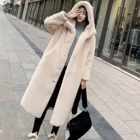 Women's Faux Rabbit Fur Coat, Luxury Long Fur Coat, Hooded OverCoat, Thick & Warm - Plus Sizes