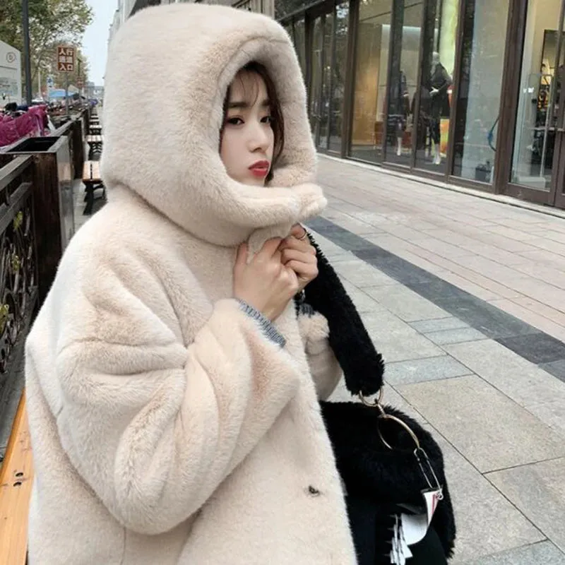 Women's Faux Rabbit Fur Coat, Luxury Long Fur Coat, Hooded OverCoat, Thick & Warm - Plus Sizes